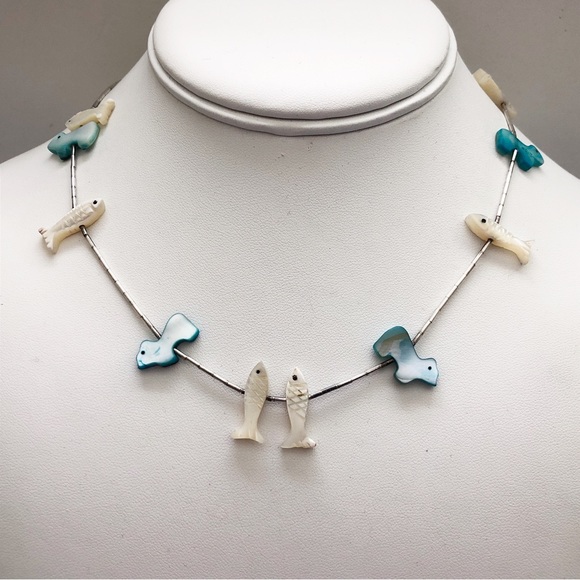 Southwestern Mother of Pearl Fish and Bear Fetish Sterling Silver Necklace - Picture 7 of 8